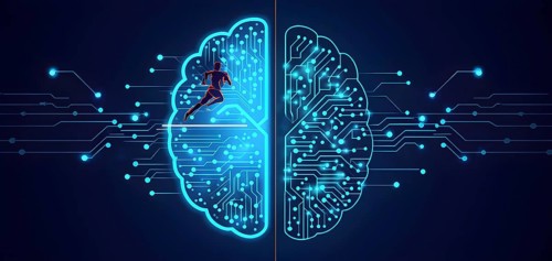 Abstract brain split into two halves, one side athletic motion, the other side neural network,