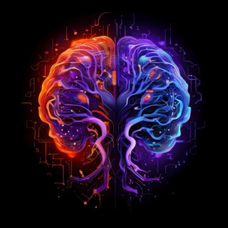 Abstract brain split into two halves, one side athletic motion, the other side neural network,