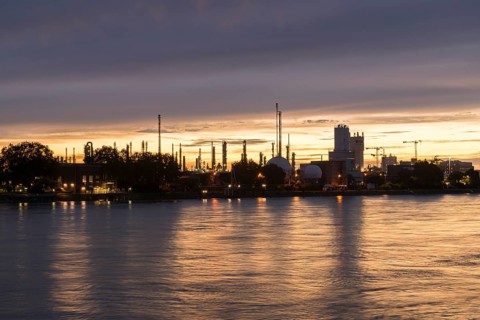 BASF, Lugwigshafen on the Rhine, industrial area, dusk, Mannheim, Baden-Württemberg, Germany,