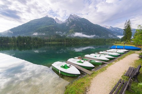 Jetty with boats at Hintersee, pedal boats, Ramsau, Berchtesgaden National Park, Berchtesgadener
