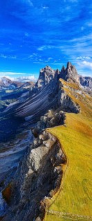 The peaks Sas Rigais and Furchetta of the Geisler group, panoramic photo, drone photo, Val Gardena,