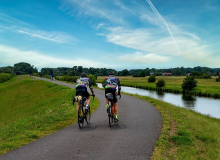 Cyclist on a cycle path by the river, landscape in the Lower Oder Valley National Park, Criewen,