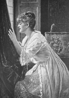 Young woman looking out of the window in full expectation, Historic, digitally restored