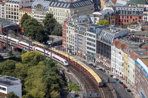 City view, ICE and S-Bahn at Hackescher Markt station, Berlin, Germany, Europe