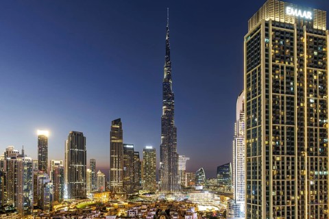 Burj Khalifa skyline tallest building in the world from above at night in Dubai, United Arab