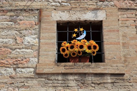 Window with a bunch of plastic flowers, sunflowers, in the historic centre of Assisi, Umbria,