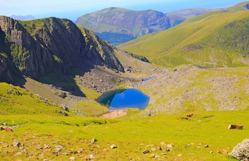 Llyn Glas corrie lake, landscape from Mount Snowdon, Gwynedd, Snowdonia, north Wales, UK