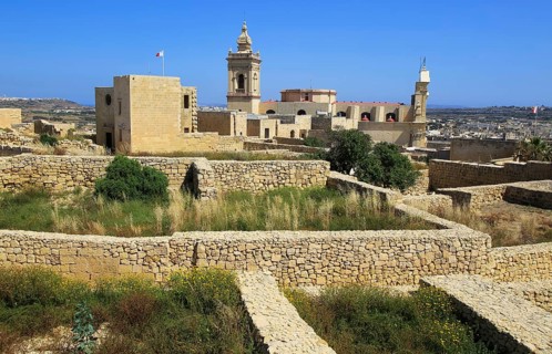 Cathedral church tower and ruins inside citadel castle walls Il-Kastell, Victoria Rabat, Gozo,