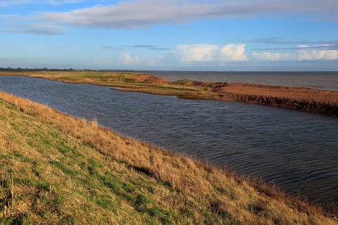 Rapid erosion of shingle bay bar landform on North Sea coast, Hollesley Bay, Bawdsey, Suffolk,