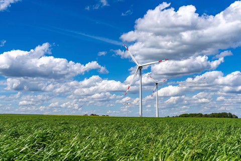 Wind farm, wind turbine, wind turbines from the manufacturer Enercon, blue sky with many white