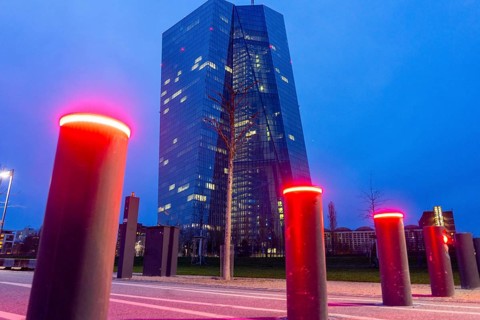 Building of the European Central Bank, ECB, on the Main in Frankfurt, barrier bollards on the banks