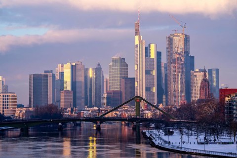 The skyline of Frankfurt am Main, skyscrapers of the banking district, Flößerbrücke, wintry