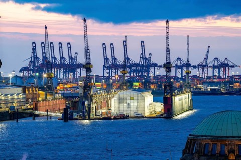 Port of Hamburg, view of the Blohm + Voss shipyard, Dock 11, evening, cranes of the container