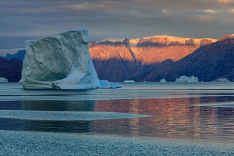 Large icebergs in fjord off Bergen, evening light, Scoresby Sound, East Greenland, Greenland, North