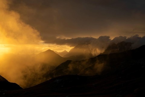 Montafon mountains with dramatic cloudy sky at sunset, Tschagguns, Rätikon, Montafon, Vorarlberg,