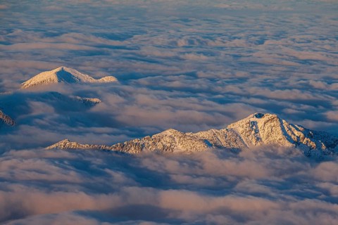Mountain peak above high fog, evening light, winter, view from Zugspitze to Kramer, Upper Bavaria,