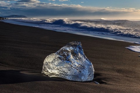 Ice floe on the beach, waves, sunny, morning mood, winter, Diamond Beach, Breidamerkursandur,