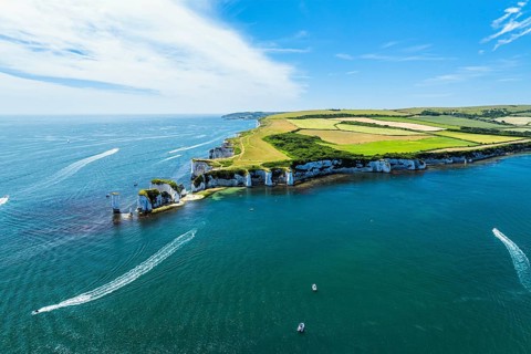 White Cliffs of Old Harry Rocks Jurassic Coast from a drone, Dorset Coast, Poole, England, United