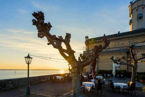 Montfort Castle, sunset, Langenargen, Upper Swabia, Lake Constance, Baden-Württemberg, Germany,