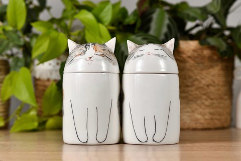 Germany, October 2023: Two custom made cat pet urns on table, Europe