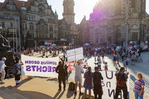 Election campaign event of the Sahra Wagenknecht BSW alliance on Dresden's Schlossplatz.