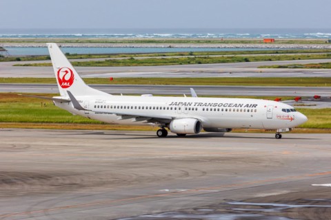 A Boeing 737-800 aircraft of Japan Transocean Air with the registration JA350J at Okinawa Airport
