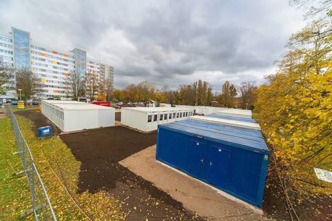 Living container for refugees, Dresden, Saxony, Germany, Europe