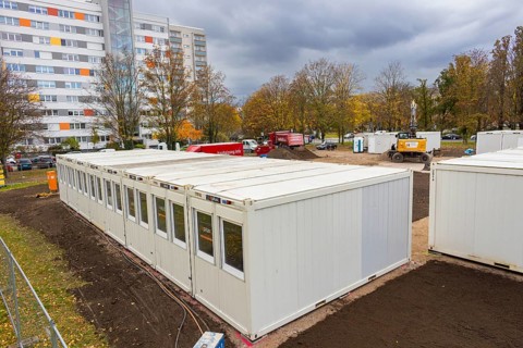 Living container for refugees, Dresden, Saxony, Germany, Europe