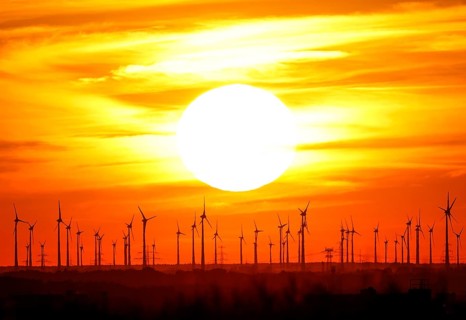 Sunset at a wind farm in Nauen in Brandenburg, 23/08/2022