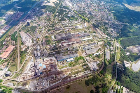 Aerial view ArcelorMittal Eisenhüttenstadt GmbH, steelworks, steel mill, rolling mill, industry,