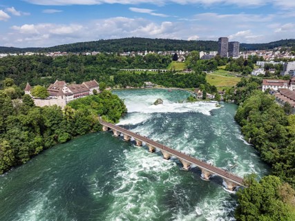 Aerial view of the Rhine Falls with railway viaduct and Laufen Castle, Neuhausen, Canton