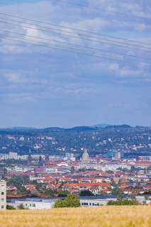 Cityscape Dresden with buildings and famous sights with view to the eastern slopes of the river
