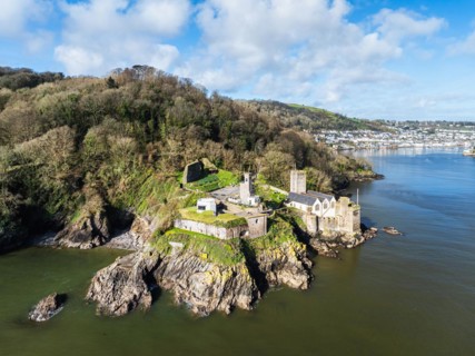 Dartmouth Castle over River Dart from a drone, Dartmouth, Kingswear, Devon, England, United