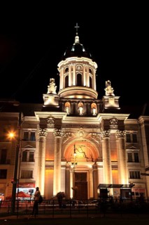 Romania, Banat, city of Arad, city centre, Minorite Church, Roman Catholic Cathedral at night,