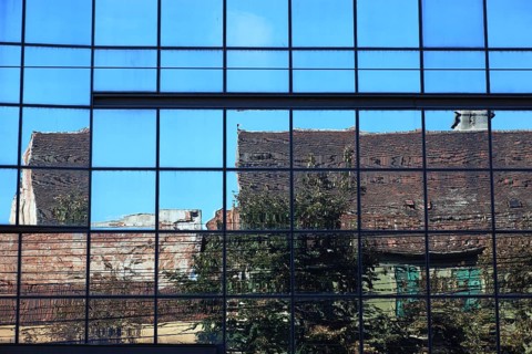 City centre, Reflection in a facade, Romania, Banat, Timisoara, Timisoara, Europe