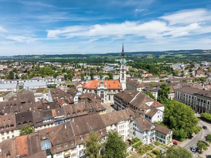 Aerial view, townscape, town centre, old town of Frauenfeld, with the town church of St. Nicholas,