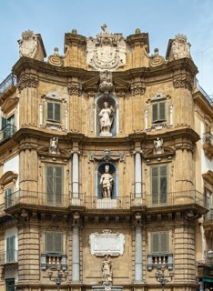 Facade representing summer season with statues of Philip II and Santa Ninfa, Quattro Canti,