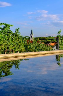 From the Loisium Weinwelt, winery, to the parish church, Langenlois, Waldviertel, Lower Austria,