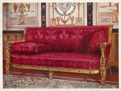 Furniture around the turn of the century 1900, Carved gilt sofa covered in rose brocade de Lyons