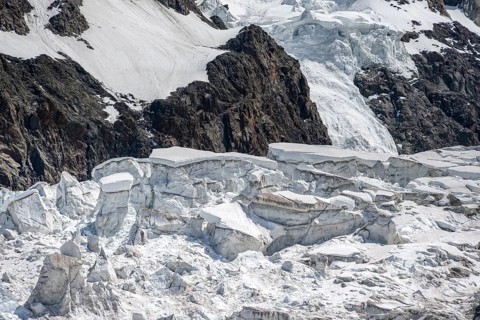 High alpine mountain landscape, glacier ice with crevasses, La Jonction, Chamonix, Haute-Savoie,