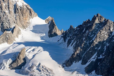 High alpine mountain landscape, summit of Aiguille de Chardonnet and Glacier du Tour, detail of the