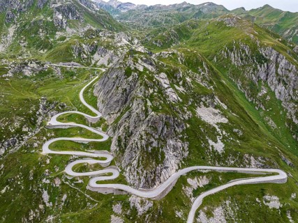 La Tremola, world-famous serpentine road through the Val Tremolo, road construction monument,