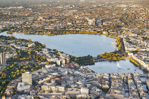 Aerial view of the Outer and Inner Alster and Jungfernstieg at sunset, Hamburg, Germany, Europe