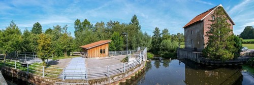 Alfers Mühle, dam and former watermill on the Berkel, Gescher, Münsterland, North Rhine-Westphalia,