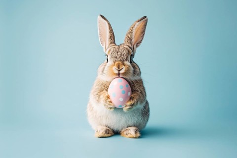 Cute Easter bunny holding painted egg in front of blue background . Generative Ai, AI generated
