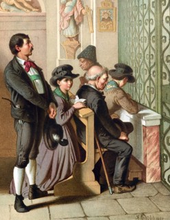 Traditional costumes in Germany around 1820, Tyrol, upper Inn Valley, group of people in