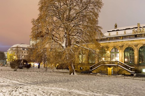 Old Town in the snow, porcelain pavilion of the Zwinger, exterior view at night, Dresden, Saxony,