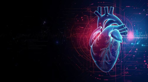 Concept of technology and innovation in health and heart research. Heart health monitoring, AI