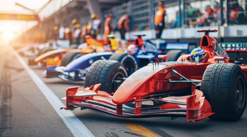 Two race cars are speeding down a track, auto racing competition, AI generated
