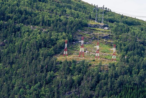 High voltage power line at lake Hornindalsvatn, west of Stryn, Norwy